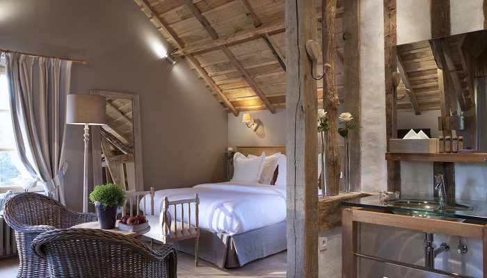 A bedroom at the Auberge de la Source, Honfleur, Normandy, France