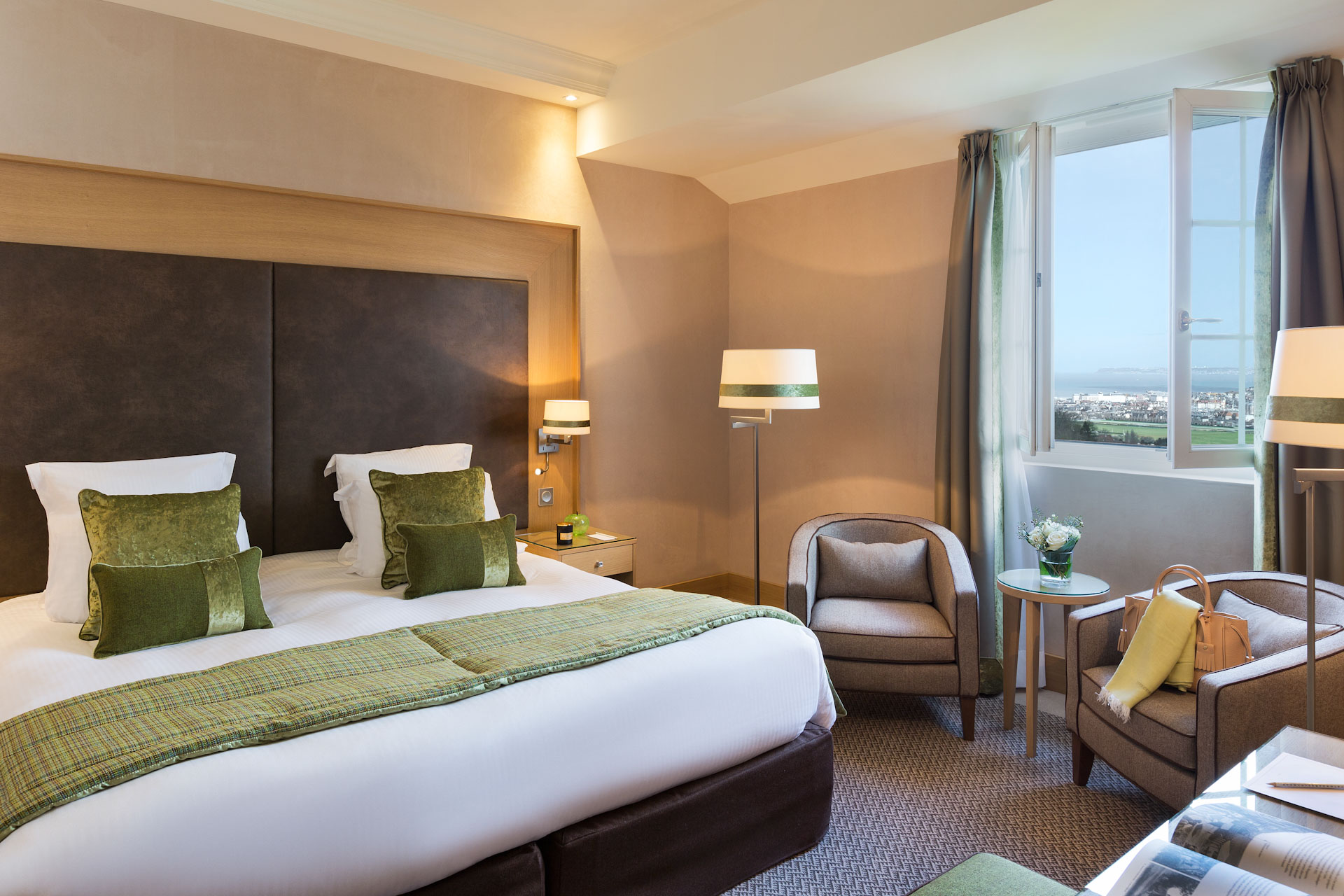 A double bedroom overlooking the golf course at Hotel du Golf Barriere, Deauville, France