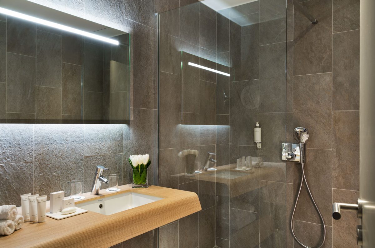 A modern shower at Hotel du Golf Barriere, Deauville, France