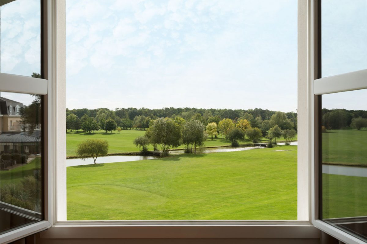 Room with a view of the golf course at Mercure Hotel, Chantilly, Paris, France