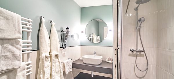 A shower room in a bungalow bedroom at Le Manoir golf hotel, Le Touquet, France