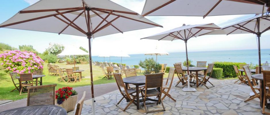 On the terrace at the Dormy House, Etretat, Normandy, France