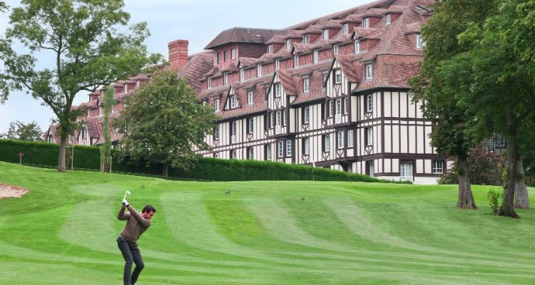 Hitting to the green on the blue course at New Golf Deauville, Normandy, France