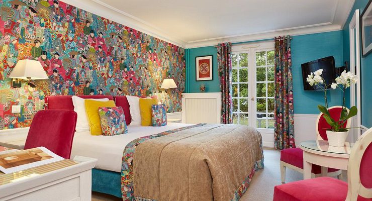 A double bedroom at Relais et Chateaux Hostellerie la Briqueterie, Epernay, Champagne, France