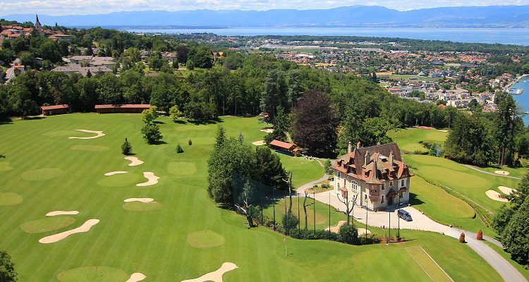 Aerial view of beautiful Evian Golf Club, near Geneva, France