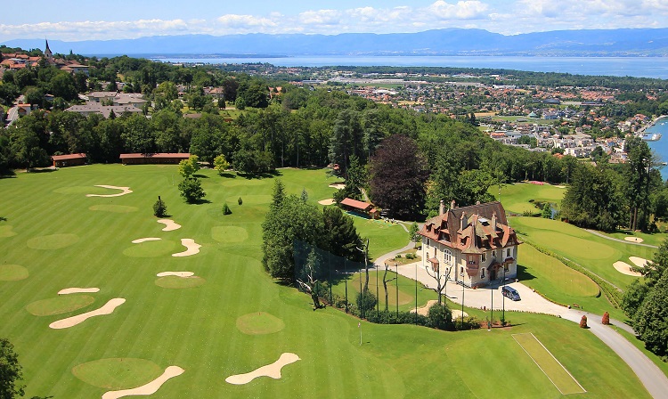 Aerial view of beautiful Evian Golf Club, near Geneva, France