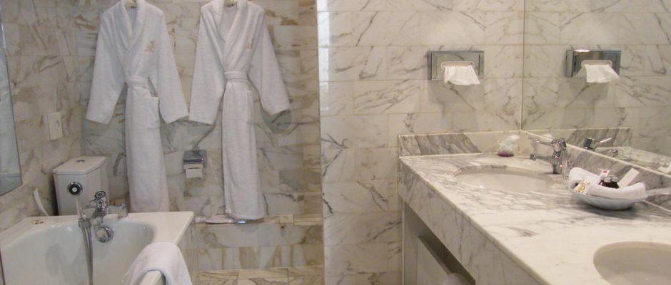 A hotel bathroom at Grand Hotel des Templiers, Reims, Champagne, France
