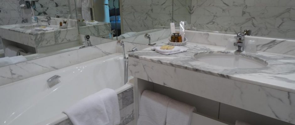 A hotel bathroom at Grand Hotel des Templiers, Reims, France