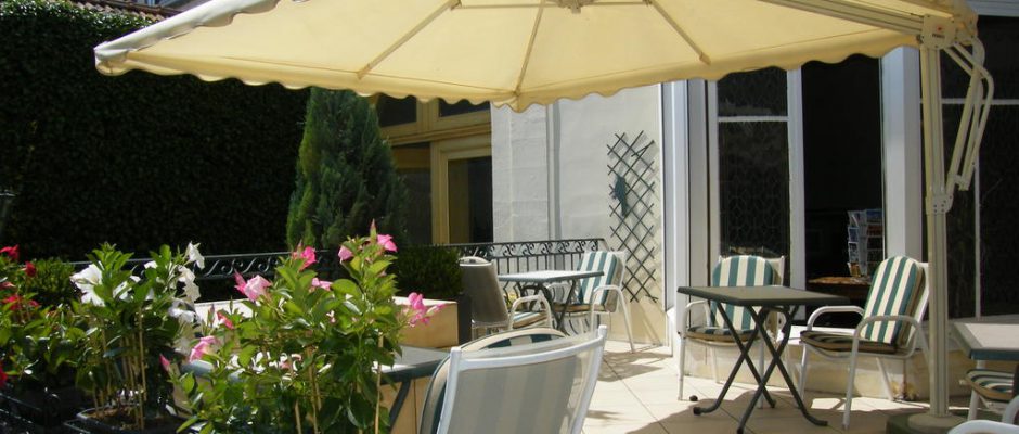 The terrace at Grand Hotel des Templiers, Reims, Champagne, France