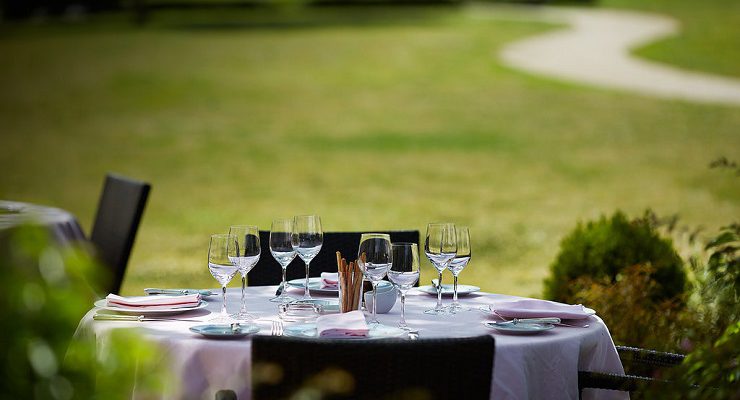 Dining at Le Montrachet Hotel, near Beaune, Burgundy, France