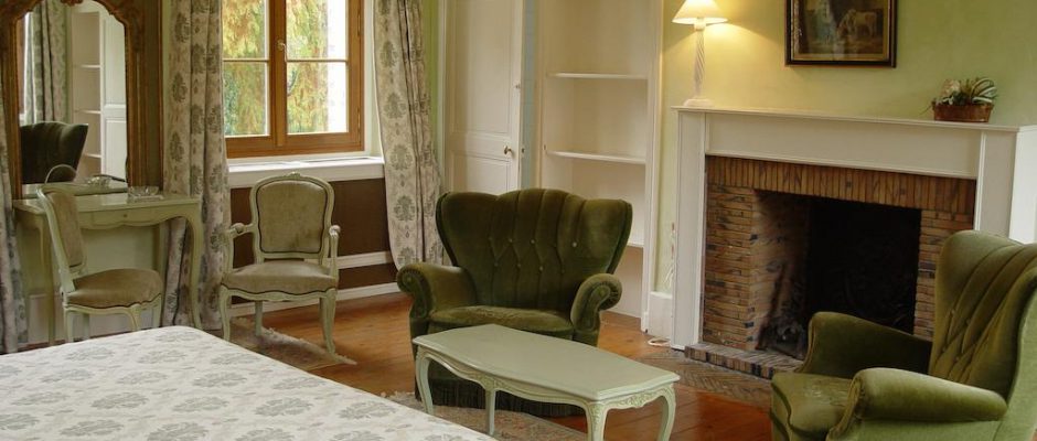 A double bedroom at L’Hostellerie du Chateau les Muids, La Ferte St Aubin, Loire, France