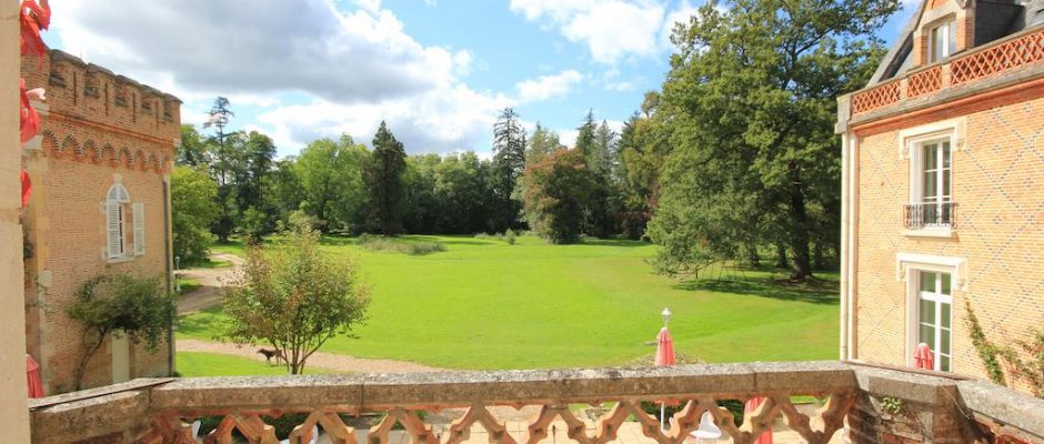 View over the gardens at L’Hostellerie du Chateau les Muids, La Ferte St Aubin, Loire, France