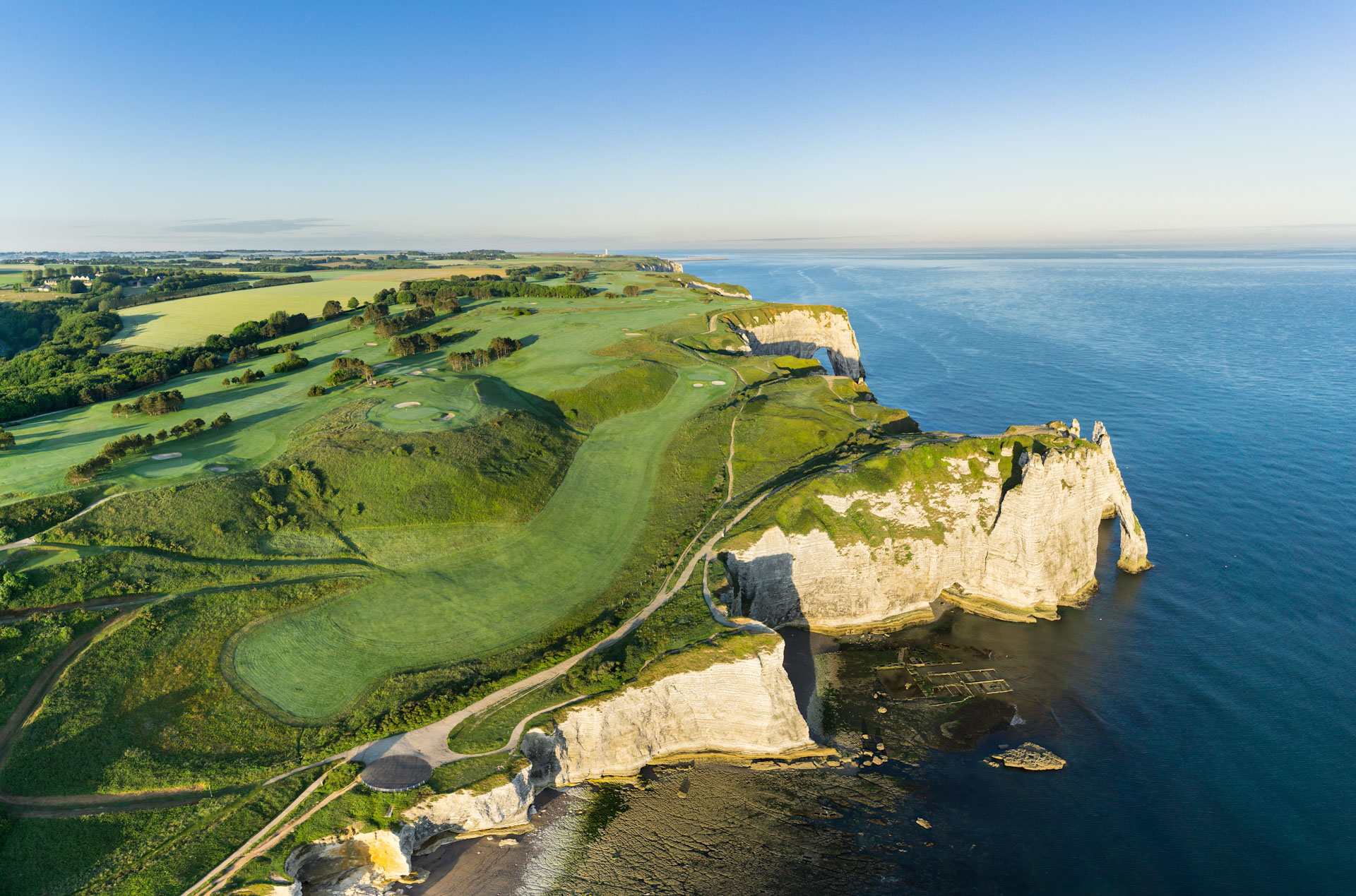 Aerial view of the tenth hole at Etretat Golf Club, Normandy, France