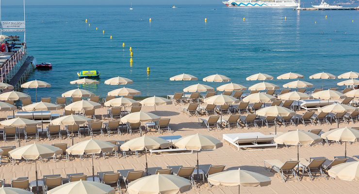 On the private beach at Le Gray d'Albion Hotel, Cannes, South of France. Golf Planet Holidays.