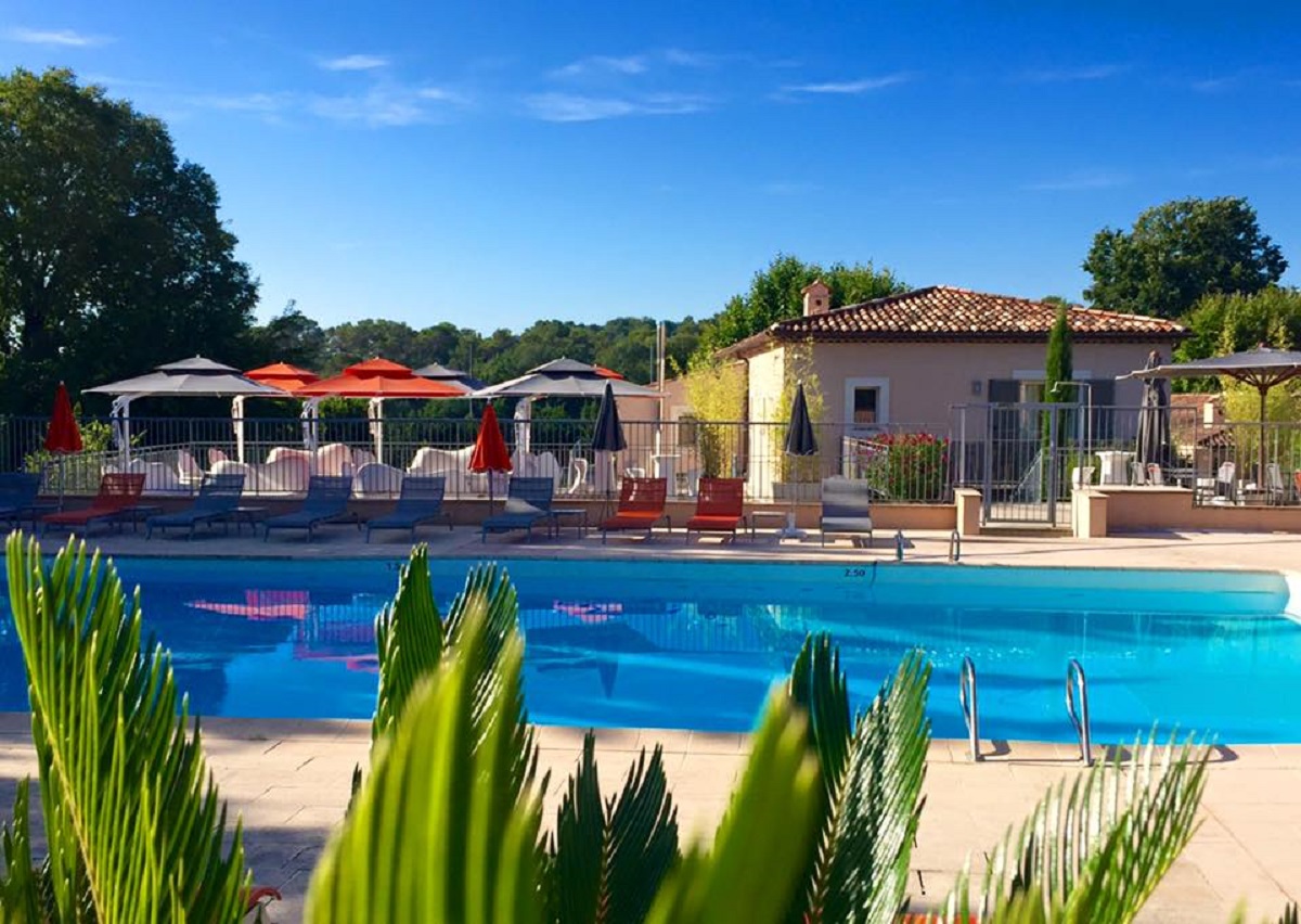 The outdoor pool area at Chateau de la Begude, near Valbonne, South of France