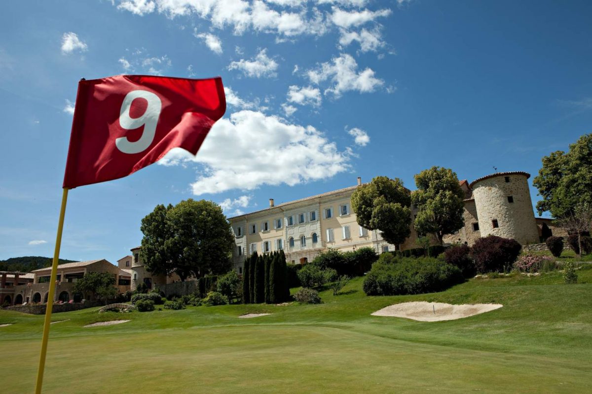 The ninth flag at Golf Chateau Taulane, near Grasse, South of France. Golf Planet Holidays.
