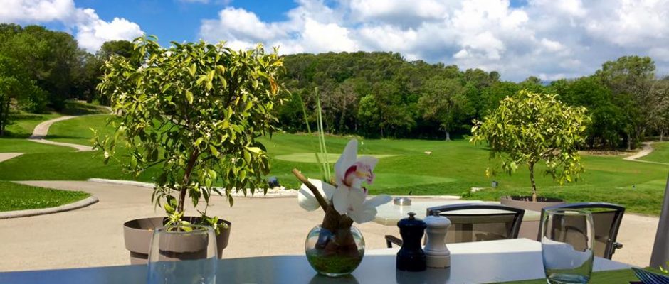 The Terrasse brasserie at Chateau de la Begude, near Valbonne, South of France. Golf Planet Holidays.