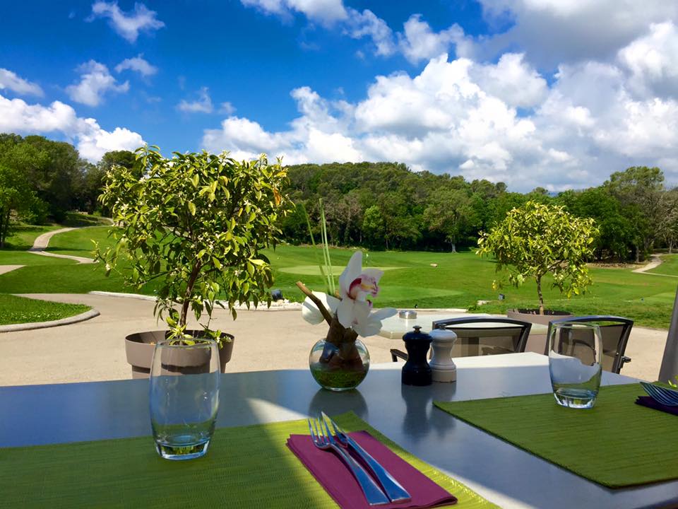 The Terrasse brasserie at Chateau de la Begude, near Valbonne, South of France. Golf Planet Holidays.