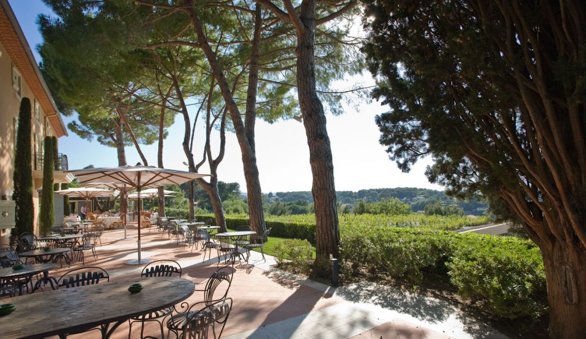 View from the terrace at Le Mas Candille hotel, Mougins. South of France. Golf Planet Holidays