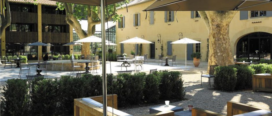 In the courtyard at Domaine de Manville, Les Baux de Provence, France. Golf Planet Holidays.