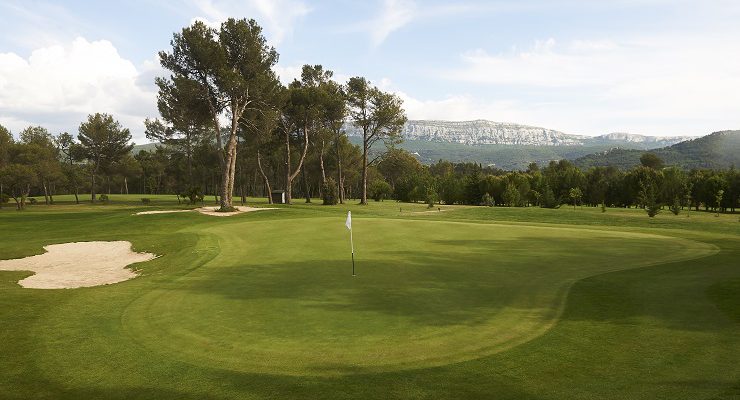 On the green at Sainte Baume Golf Club, Nans les Pins, Provence, France. Golf Planet Holidays.