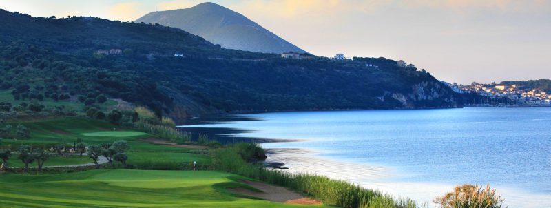 View over two holes on he Bay course, Costa Navarino, Greece