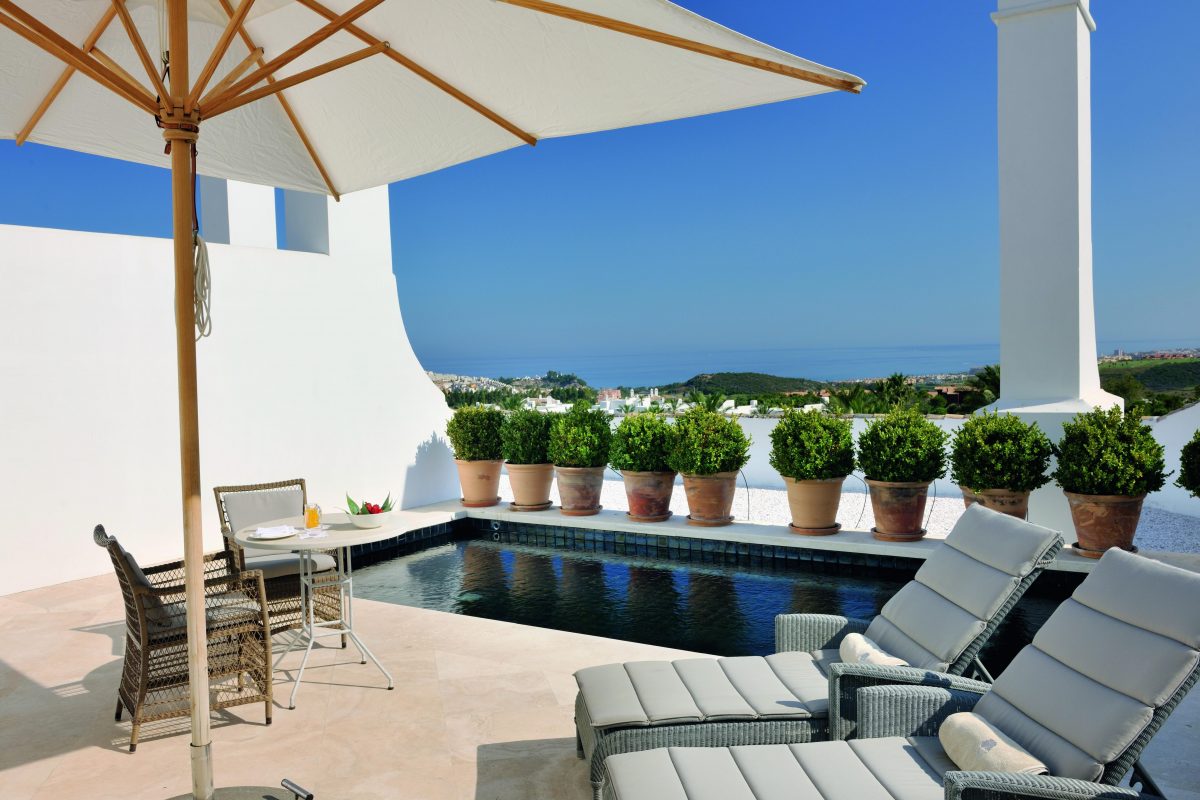 A private terrace pool at Finca Cortesin Hotel, Costa del Sol, Spain
