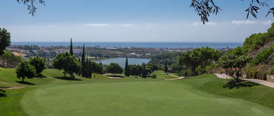 View from the green at Flamingos Golf Course at Anantara Villa Padierna Palace Resort, Benahavis, Costa del Sol, Spain. Golf Planet Holidays