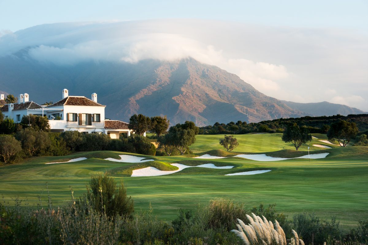 The 17th hole at Finca Cortesin golf course, Costa del Sol, with dramatic mountain backdrop