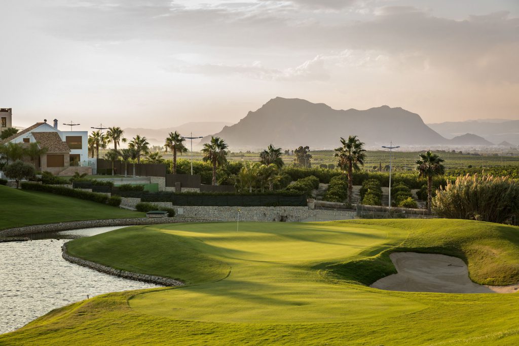 Tough approach to the green at La Finca Golf Course, Alicante, Spain