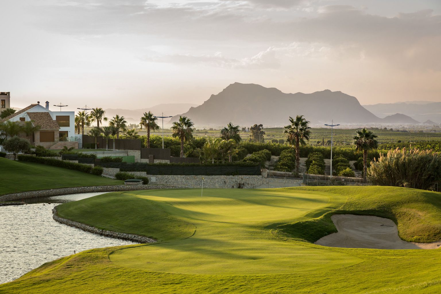 Tough approach to the green at La Finca Golf Course, Alicante, Spain