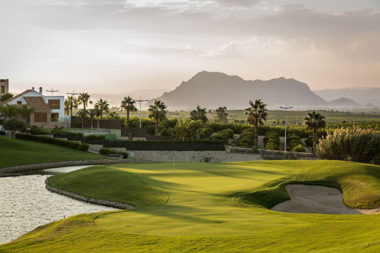 Tough approach to the green at La Finca Golf Course, Alicante, Spain
