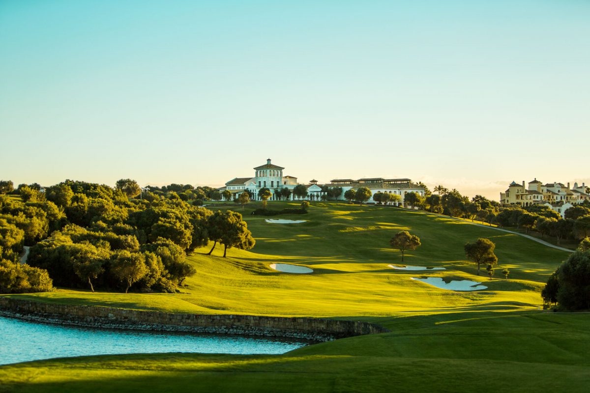 Playing up to the clubhouse at the La Reserva de Sotogrande Golf Course. Costa del Sol, Spain. Golf Planet Holidays.