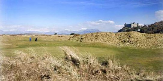 Approaching the flag at Royal St Davids Golf Course, Wales. Golf Planet Holidays