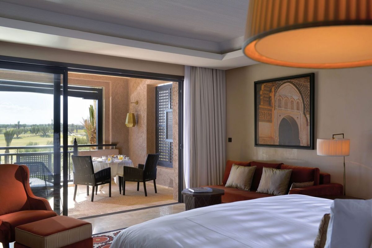 Bedroom with golf course view at Fairmont Royal Palm, Marrakech, Morocco. Golf Planet Holidays