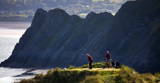 On the tee at Pennard golf club Golf Course, Swansea, Wales. Golf Planet Holidays.