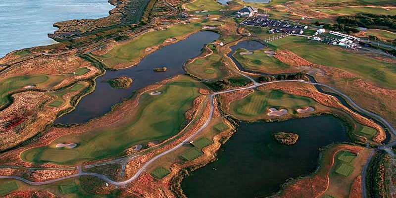 Aerial view of Machynys Peninsula Golf & Country Club Golf Coursee, Wales. Golf Planet Holidays