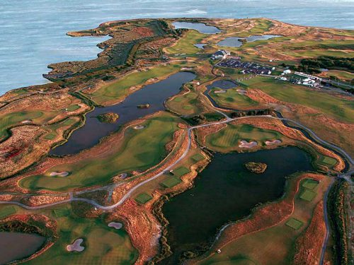 Aerial view of Machynys Peninsula Golf & Country Club Golf Coursee, Wales. Golf Planet Holidays