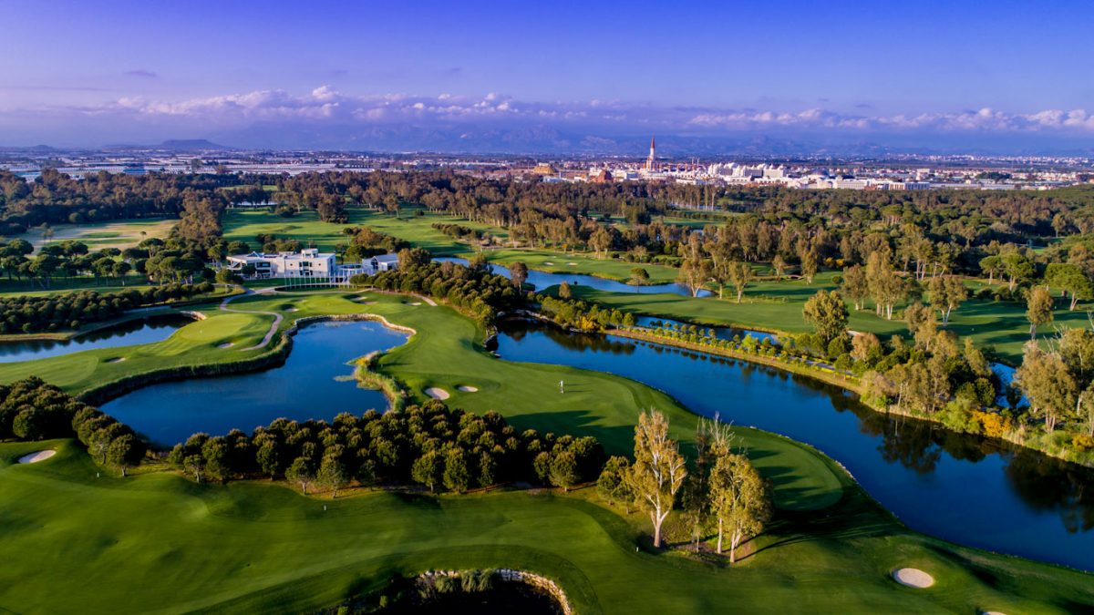 Aerial view over Antalya Golf Club PGA Sultan and Pasha courses, Belek, Turkey