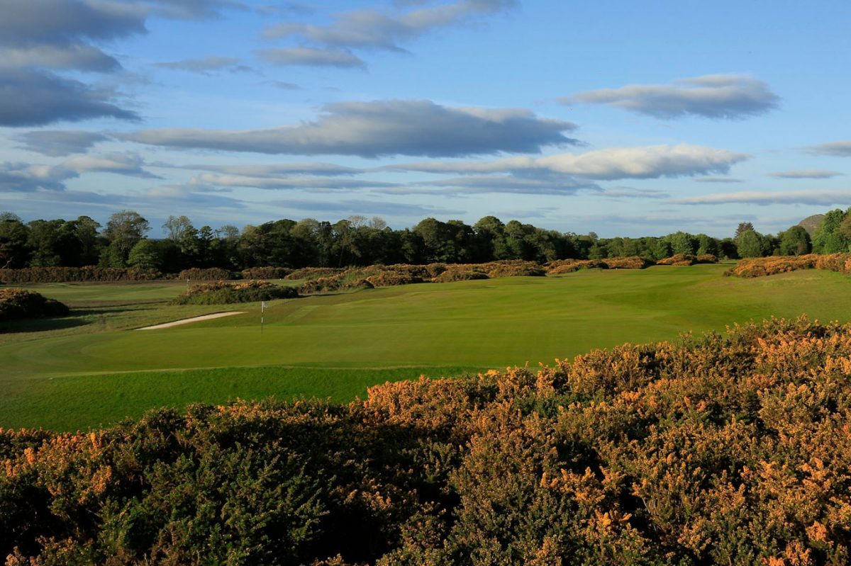 Looking over the green at Archerfield Golf Club, East Lothian, Scotland