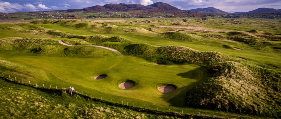 Pot hole bunkers round the fifth green at Ballyliffin Golf Club, Northern Ireland