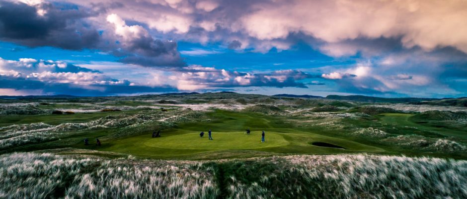Dramatic skies above the eighth green at Ballyliffin Golf Club, Northern Ireland
