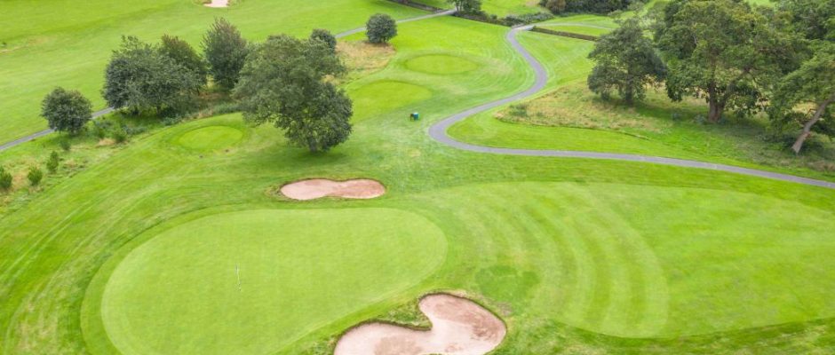 Aerial view of the golf at Carden Park Hotel, Cheshire, England