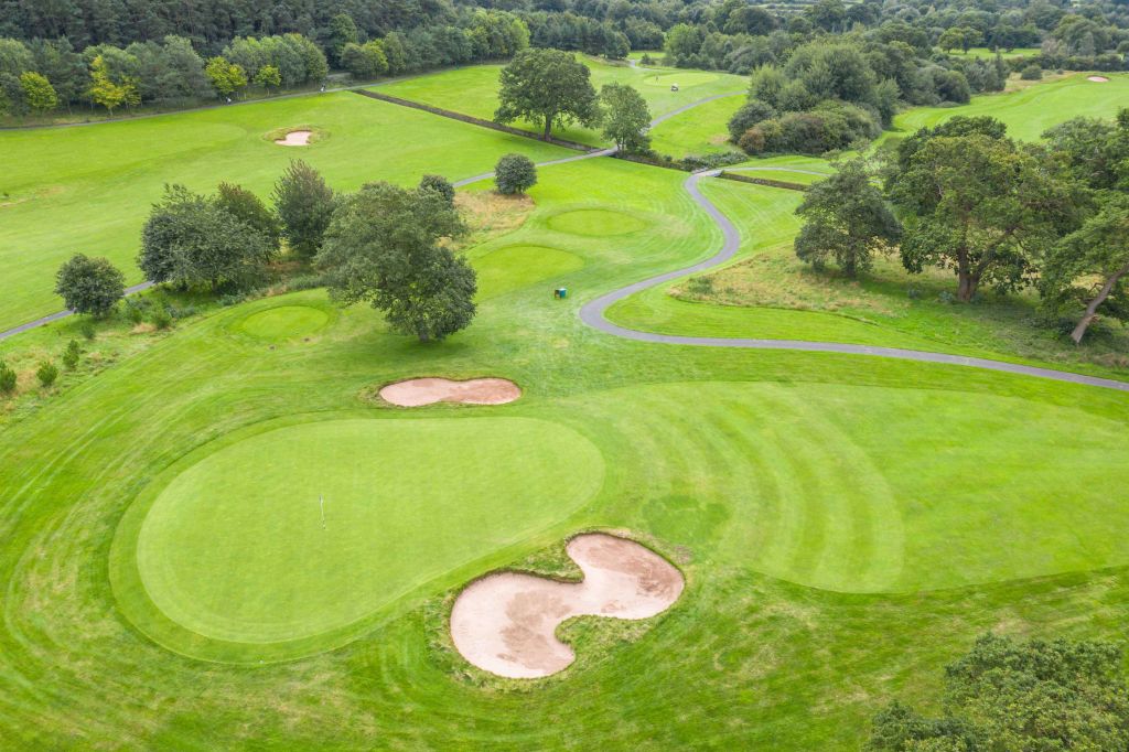 Aerial view of the golf at Carden Park Hotel, Cheshire, England