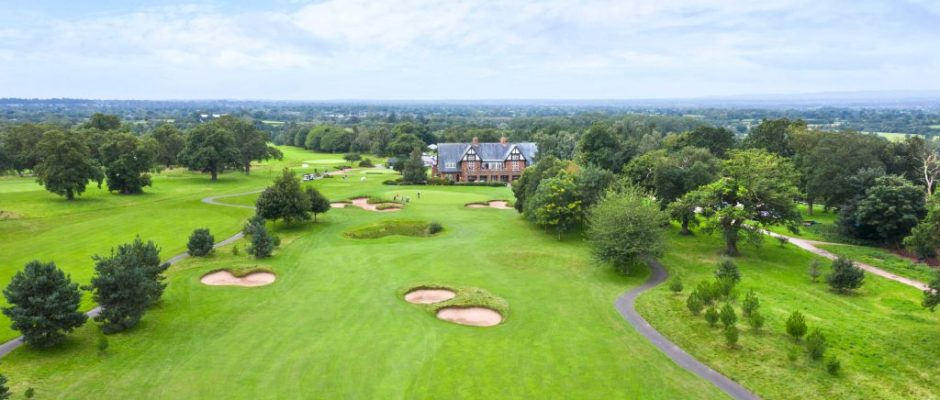 Bird's eye view of Carden Park Hotel and golf courses, Cheshire, England