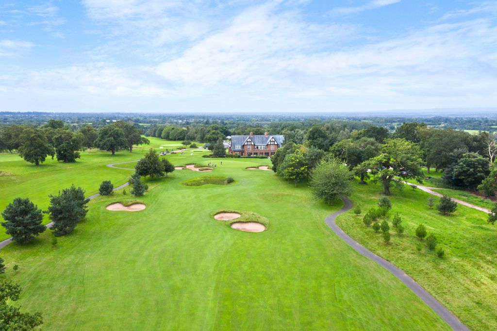 Bird's eye view of Carden Park Hotel and golf courses, Cheshire, England