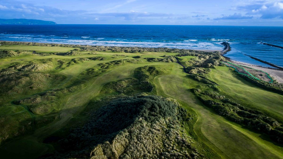 Aerial view out to sea from Castlerock Golf Club, County Londonderry
