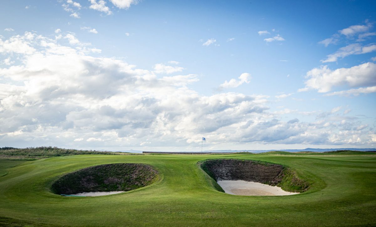 Challenging pot hole bunkers at Craigielaw Golf Club, East Lothian, Scotland