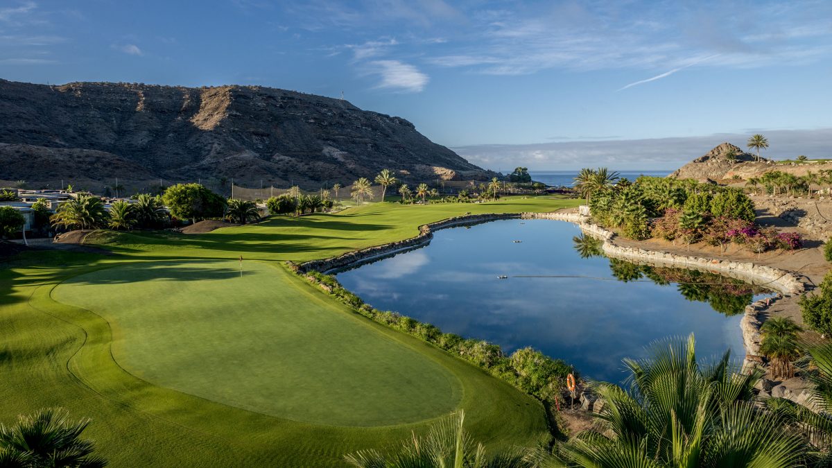View over a lake at Anfi Tauro Golf Course, Gran Canaria