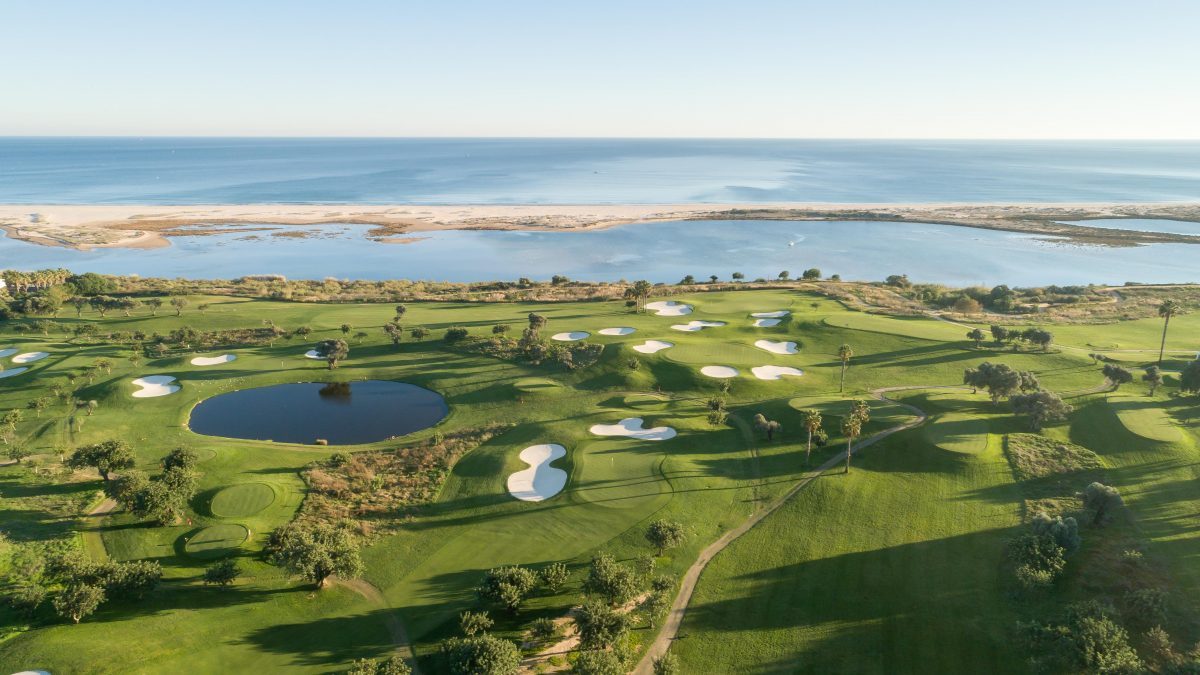 Aerial view of Quinta da Ria golf course, near Tavira, Algarve, Portugal.